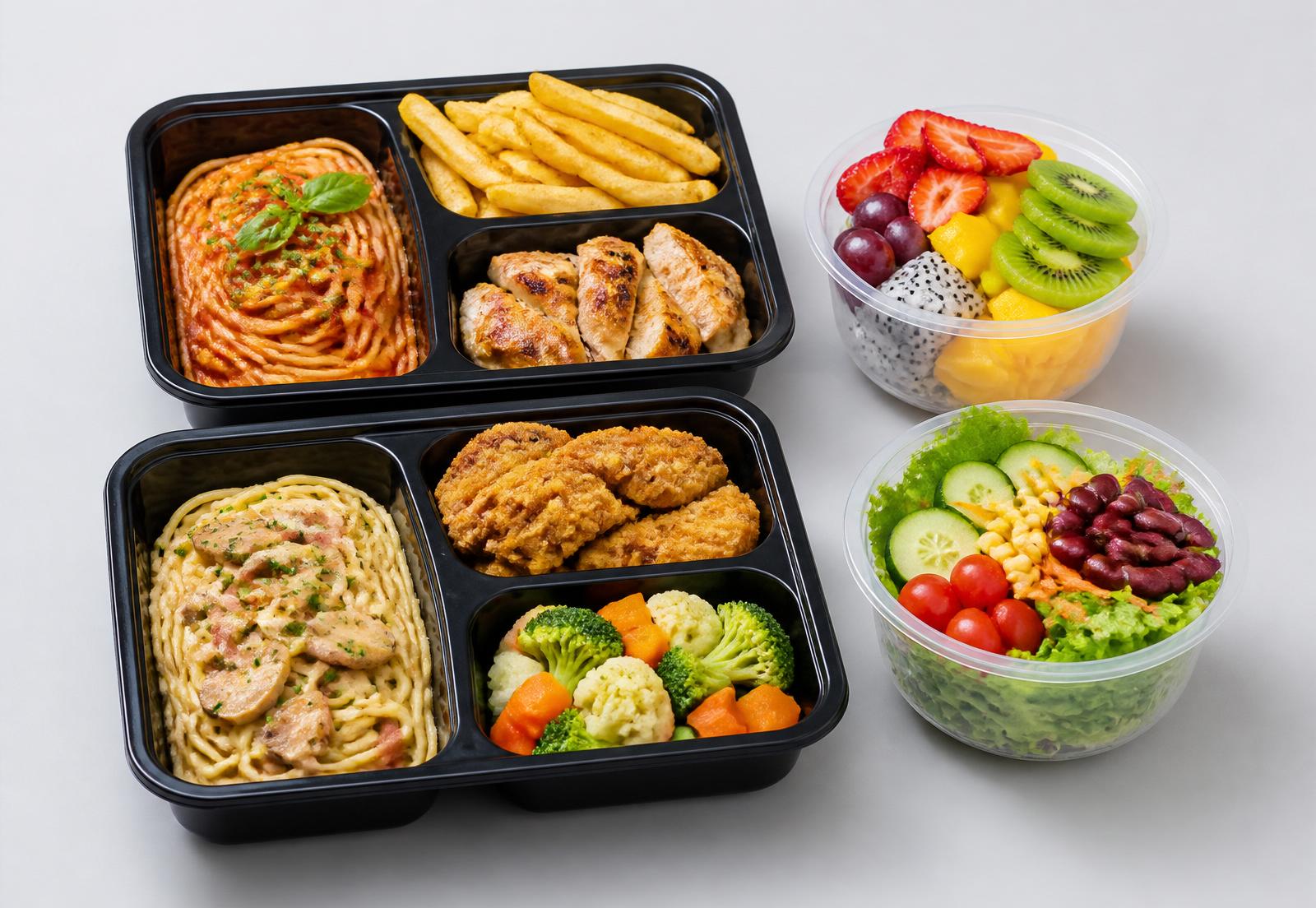 Bento meal prep containers with fresh food